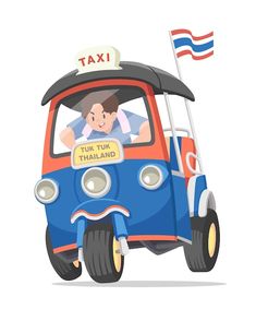 an image of a man driving a car with a flag on the roof that says taxi