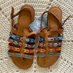 European Size 40 = Size 9 Us Questions? Leave A Comment Below! Red Beaded Sandals For Summer, Bohemian Multicolor Embroidered Sandals, Bohemian T-strap Sandals For Beach, Bohemian Multicolor Embellished Sandals, Tory Burch Slides, Bohemian Beaded T-strap Sandals For Vacation, Clarks Sandals, Denim Sandals, Bow Sandals