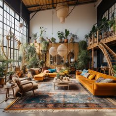 a living room filled with lots of furniture and plants