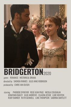 a movie poster for the film bridgerton, featuring two people in formal dress and one man