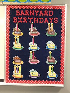 a birthday banner with candles on it in front of a whiteboard that says barnyard birthdays