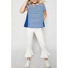 - Stripe Cotton-Back Tee For Tween Girls - Round Neckline - Short Sleeve - Contrast Pleated Back Panel - Loose Fit - 100% Cotton Playful White Stretch Top, Trendy White Top, Trendy White Top For Playwear, Playful Striped Tops For Playwear, Striped Cotton Top For Playwear, Trendy Stretch Tops For Playwear, Playful Striped Cotton Tops, Striped Short Sleeve Tops For Playwear, Playful Blue Spring Tops