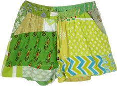 These sustainable, comfy, and unique shorts express your personality this season.  The shorts comprise multiple pieces of recycled or leftover fabric sewn together. #tlb #JuniorPetite #beachwrap #Indian #Handmade #HippieShorts #BeachShorts #PatchworkShorts Hippie Shorts, Parrot Green, Nyc Street Style, Vivid Dreams, Patchwork Shorts, Earthy Outfits, Hippie Look, Nyc Street, Trendy Skirts