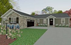 this is an artist's rendering of the front of a house with garage and driveway