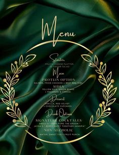 the menu for an event with green satin and gold trimmings, on top of a