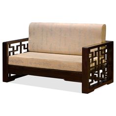 a wooden couch with a beige upholstered back and seat cushion on it's side