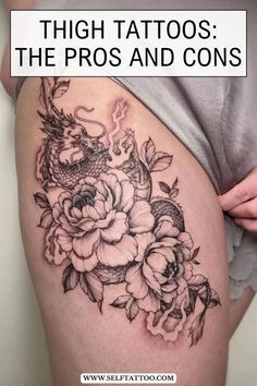 Thigh Sleeve Tattoo, Leg Tattoo Placements, Side Thigh Tattoos Women, Most Painful Tattoo, Back Of Thigh Tattoo, Self Tattoo, Side Thigh Tattoos, Unique Tattoos For Women, Thigh Tat