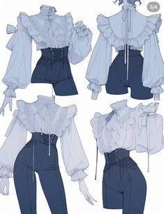 four different views of the same blouse and pants, each with an attached neckline