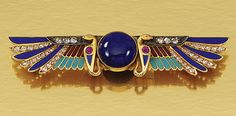 GEM-SET AND ENAMEL BROOCH, 1920S. The brooch of Egyptian Revival design, set to the centre with a cabochon lapis lazuli flanked by two stylised ruby-set serpents to spread-wings decorated with red and blue enamel and rose-cut diamonds Egyptian Furniture, Revival Design, Egyptian Design, Ruby Set, Ruby And Diamond Ring, Revival Architecture