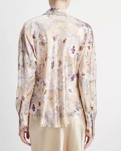 Vince Sand Wild Flower Long Sleeve Bias Blouse Collar V neck Long sleeves; button cuffs Button down front closure Rounded shirttail hem Relaxed fit 100% silk Evening Jumpsuit, Flower Motif, Mother Denim, Spring Shirts, Menswear Inspired, Wild Flower, Collar Blouse, Night Shirt, Silk Shirt