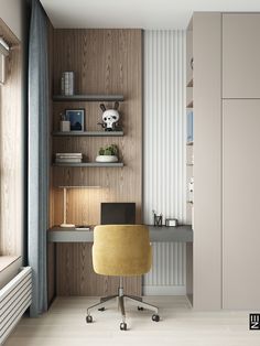 a room with a desk, shelves and a chair in front of the wall that has bookshelves on it