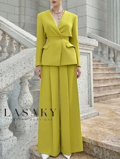 Lasaky - Refined Regular Fit Dress Pants with Timeless Elegance Elegant Green Wide Leg Pants With Pockets, Elegant High-waist Sets For Fall, Elegant Green Sets With Pockets, Elegant Fitted Green Wide Leg Pants, Elegant Wide-leg Sets With Pockets, Fitted Wide Leg Party Pants With Pockets, Fitted Wide Leg Pants With Pockets For Party, Elegant Sets With High-waisted Pants And Pockets, Two Piece Outfits Pants