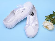 "All orders for trainers / sneakers to USA/Canada will be delivered in 2-4 business days after production without extra costs Made with love for your wedding day by Lovin Bridal - More Wedding shoes at our shop : http://lovincollection.etsy.com It's the bride's prerogative to wear the comfiest bridal shoes. If you're set on heels then one option is to have your Lace Vans as a second pair of bridal shoes to change into for the reception. There are so many options for your wedding sneakers - go fo Bride Vans, Wedding Vans Shoes, Bridal Trainers, Sneakers Bride, Lace Vans, Wedding Tennis Shoes, Wedding Vans, Wedding Shoes Sneakers, Customised Vans