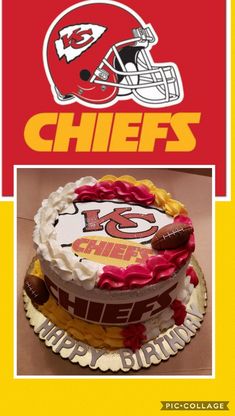 a football helmet cake with the words chiefs on it and an image of a helmet