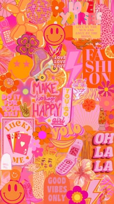 an assortment of colorful stickers and decals on a pink background with the words make happy, good vibes only