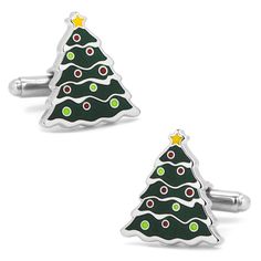 Bring the joy of the holiday season into your wardrobe with this set of classic Christmas tree cufflinks. Featuring raised metal elements filled with brightly-colored enamel, these tiny trees also feature a miniature star topper and decorations. Includes an individual gift box. Seasonal Christmas Tree, Classic Christmas Tree, Christmas Style, Christmas Tree Design, Holiday Wardrobe, Tree Design, Cufflinks Men, Christmas Men, Design Silver