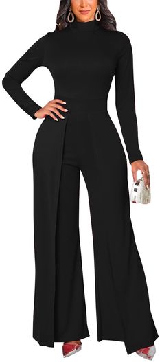 PRICES MAY VARY. 【Features】:Sexy clubwear party jumpsuits,elastic bust and waist,solid color jumpsuit, long sleeves long pants,wedding work wide leg pant romper, one-piece waist jumpsuit,enhance the body’s natural silhouette, while creating a slimmer, makes you stand out in the crowd. 【Occasion】:This elegant party plus size jumpsuit suitable for various occasions party,club,night out,night club,vacation,work,casual,office,home,hanging out,and great for walking ,cocktail ,prom evening party,birth Black Cocktail Pants Outfit, Dressy Jumpsuits For Petite Women, Black Outfits For Wedding Guest, Business Jumpsuits For Women, Women All Black Outfit Classy, Black Affair Party Outfit Black Women, Quinceñera Outfits Guest, All Black Business Casual Outfits For Women, All Black Cocktail Attire