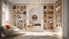 a living room filled with lots of white furniture and bookshelves next to a window