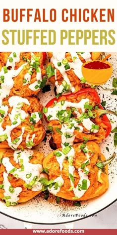 a plate filled with stuffed peppers covered in ranch dressing