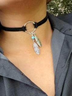 Choker Necklace, Suede Choker Necklace, Bohemian Feather Necklace, Native American Jewelry, Ring Choker, Leather Choker, Boho Jewelry, #necklacejewelry Suede Choker Necklace, Trendy Chokers, Surfer Necklace, Feather Necklace, Boho Choker, Black Choker, Leather Chokers, Feather Necklaces, Jewelry Choker