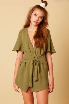 Olive Romper Olive Romper, Olive Green Romper, Green Romper, Silk Romper, Olive Dress, Boho Romper, Boho Boutique, Wrap Romper, Tie Design