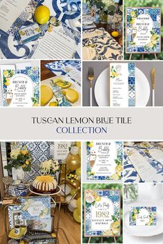 a collage of blue and yellow wedding decorations