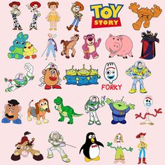 various cartoon characters and their names on a pink background with the words toy story written below them