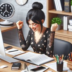 a woman sitting at a desk in front of a computer with her arms up and hands behind her head