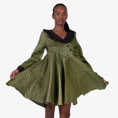 Batsheva Harper Dress In Olive Green Polka Dot New With Tags. Olive Green Polka Dot Print Mini-Dress With Flared Skirt. Black Cotton Collar And Cuffs With Eyelet Trim. Buttons Down The Front. 100% Polyester. Polka Dot Evening Dresses For Fall, Polka Dot Mini Dress For Fall Party, Fitted Polka Dot Dress For Winter, Yellow Mini Dress, Embroidered Collars, Tent Dress, Green Polka Dot, Prairie Dress, Pink Mini