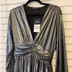 Zara Ruffled Mini Dress Silver Festive Or Special Occasion Size Medium Zara Never Worn New With Tags Women’s Dress Open To Offers Zara Tweed Dress, Zara Polka Dot Dress, Belted Denim Dress, Dresses Silver, Ruffled Mini Dress, Skater Style Dress, Dress Silver, Fitted Midi Dress, Zara Dress