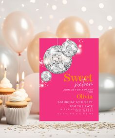 a pink birthday party with cupcakes and balloons