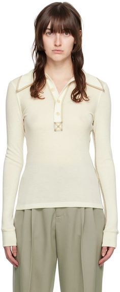 Maiden Name: SSENSE Exclusive Off-White Jess Polo | SSENSE Collared Wool Top With Buttons, Fitted Polo Sweater With Button Closure, Fitted Top With Contrast Collar For Fall, Fitted Polo Collar Top With Button Cuffs, Elegant Top With Contrast Polo Collar, Polo Collar Tops With Buttons For Fall, Fitted Polo Sweater With Collar For Work, Fitted Button-up Top With Contrast Collar, Fitted Tops With Contrast Collar And Button-up