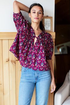 Puff Isla Top - Pink Indigo Organic - Emerson Fry Block Print Top, Sean Young, Western Clothes, Emerson Fry, Diy Tops, Casual Outfit Inspiration, Black Tank Dress, Smart Casual Outfit, Rajasthan India