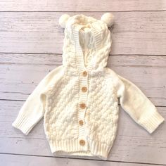 Baby Cream/White Sweater Cute White Winter Cardigan, Playful White Winter Sweater, White Warm Winter Cardigan, Warm White Winter Cardigan, Playful White Sweater For Spring, Cozy White Cotton Outerwear, Playful White Winter Cardigan, Warm White Long Sleeve Cardigan, Playful White Sweater For Fall