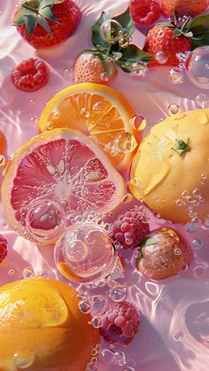 some fruit is floating in the water with bubbles