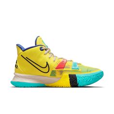 The Nike Kyrie 7 EP is a special edition sneaker that's only available in Asia. It features a translucent yellow mesh upper with a multicolor abstract print underneath. The molded TPU fins on the sneaker are mismatched and feature embossed graphics including a heart, peace sign and Kyrie's all-seeing eye. The canvas heel overlay has "1 World 1 People" embroidered on it. This sneaker has an extra-durable rubber outsole that's perfect for playing on outdoor courts. Multicolor Basketball Shoes With Translucent Outsole For Sports, Multicolor Basketball Shoes With Cushioned Footbed For Light Sports, Yellow Sporty Running Shoes With Translucent Outsole, Yellow Mesh Sneakers Sporty Style, Casual Yellow Breathable Basketball Shoes, Multicolor Sneakers With Translucent Outsole For Light Sports, Yellow Sneakers With Rubber Sole For Light Sports, Yellow Sneakers With Rubber Sole For Sports, Sporty Yellow Running Shoes With Translucent Outsole