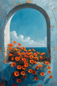 an oil painting of orange flowers in a window sill with the ocean in the background