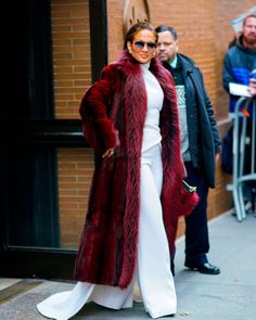 Red Fur Coat Outfit, Fuzzy Jacket Outfit, Burgundy Fur Coat, Magical Closet, Girls Winter Dress, Red Fur Coat, Celebrity Winter Style, Manifest 2024