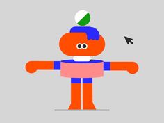 an orange and blue robot with one arm out, pointing at the other hand while standing in