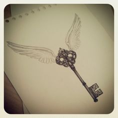 a drawing of an old key with wings on it