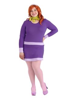 a woman in a purple dress and pink tights posing for the camera with her hands on her hips