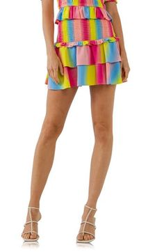 Rows of rainbow-inspired stripes playfully animate this smocked-waist miniskirt finished with flouncy ruffled tiers. Smocked waist Lined 100% polyester Hand wash, dry flat Imported Tiered Ruffle Mini Skirt For Summer, Spring Tiered Mini Skirt, Pink Tiered Bottoms With Layered Hem, Tiered Ruffle Skort For Summer, Tiered Ruffle Hem Skort For Spring, Multicolor Tiered Skort For Summer, Mini Ruffled Skirt For Spring, Multicolor Ruffle Hem Skirt For Summer, Multicolor Ruffle Hem Skirt For Spring