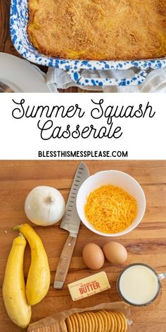 the ingredients to make an easy summer squash casserole are shown in separate images