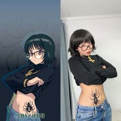 a woman with black hair and glasses standing in front of a wall next to an image of a spider on her stomach