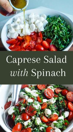 caprese salad with spinach and tomatoes in a white bowl being drizzled with olive oil