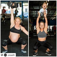 a woman holding up a baby while standing in front of a man with a kettle