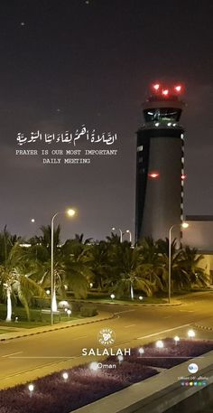 an airport with palm trees in the foreground and a night time sky line behind it