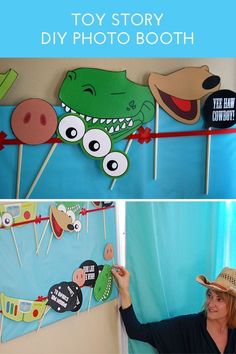 a collage of photos with the words toy story diy photo booth