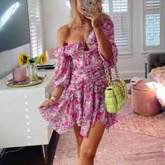 New Without Tags! Flirty One-shoulder Dress For Garden Party, Flirty One Shoulder Dress For Garden Party, Feminine One-shoulder Mini Dress For Garden Party, Feminine Flowy One-shoulder Dresses, Flowy One-shoulder Feminine Dress, Lemon Dress, For Love & Lemons, Love And Lemons, 80 Dress