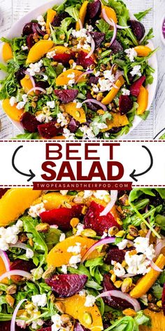 Here's an easy summer salad or simple BBQ side dish to try! This Beet Salad is made with arugula, beets, orange slices, goat cheese, pistachios, red onion, and a citrus dressing. Add this recipe to your Labor Day party food ideas! Shrimp And Beet Salad, Roasted Beet Salad With Feta, Beet Arugula Feta Salad, Salad With Beets And Goat Cheese, Salad With Roasted Beets, Summer Salad Ideas Healthy Recipes, Beat And Goat Cheese Salad Recipe, Recipes With Red Beets, Avocado Beet Salad